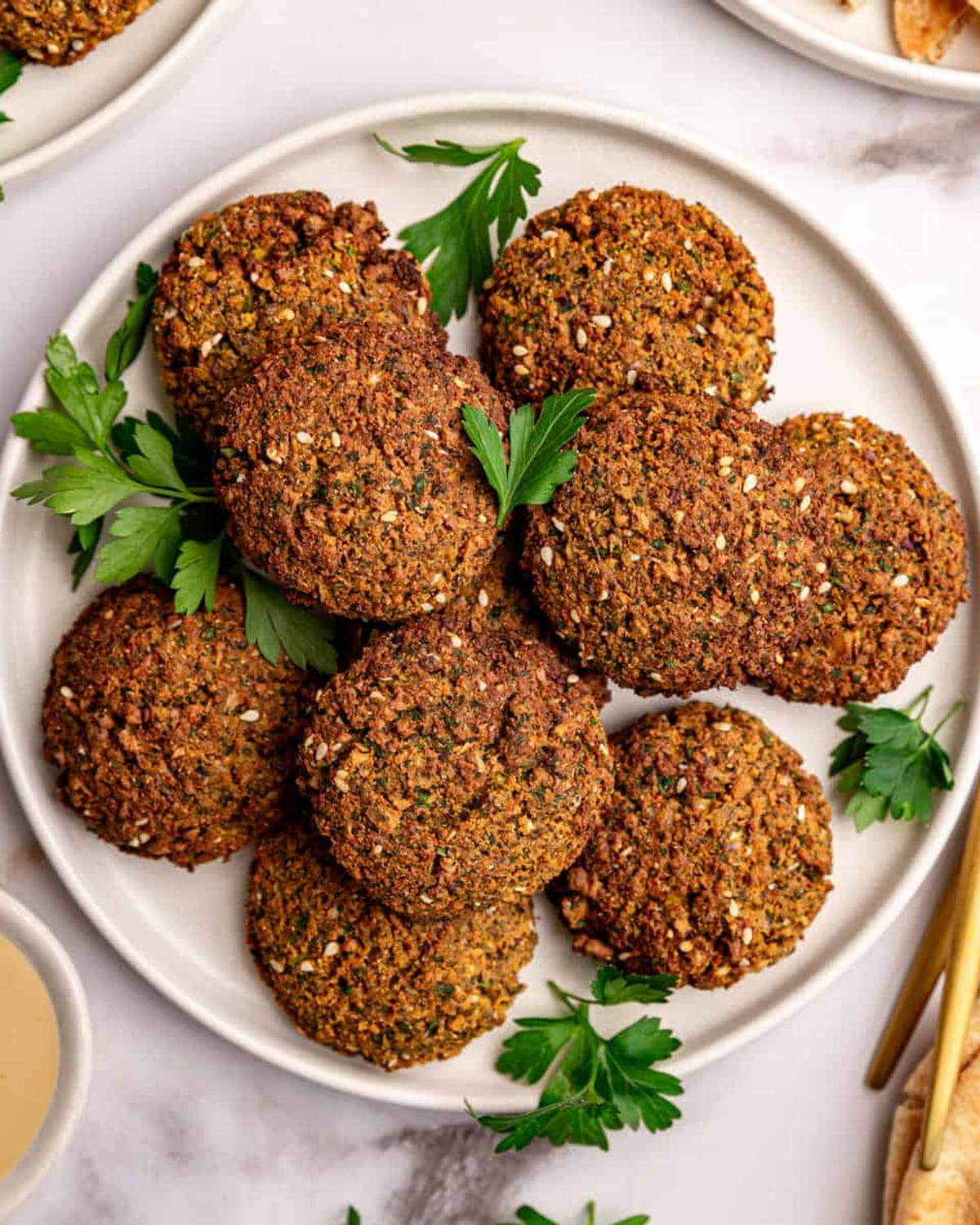 fehab Original Falafel auf dem Teller, goldbraun frittiert, mit Petersilie und Tahini