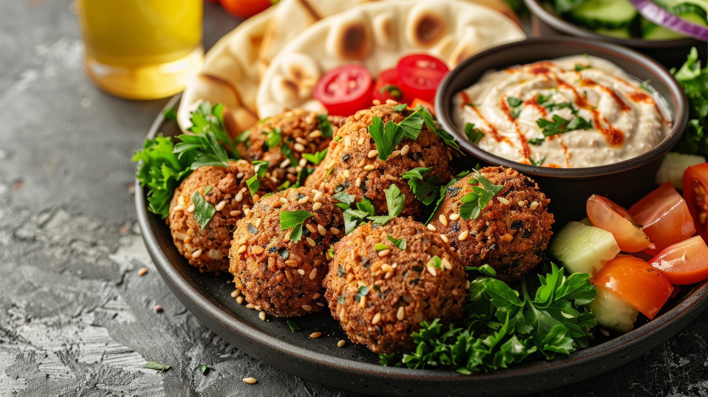 Falafel-Teller mit Hummus, Tomaten und Fladenbrot